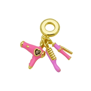 Pink salon charms set with hair dryer and comb on gold ring for DIY bracelets