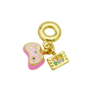 Golden charm featuring a pink enamel game controller and a colorful rhinestone pendant