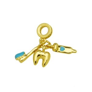Detail of gold toothbrush and tooth charm with blue enamel for a modular bracelet