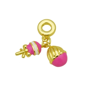 Detail of pink enamel charms with gold rattle and cupcake pendants for DIY bracelets