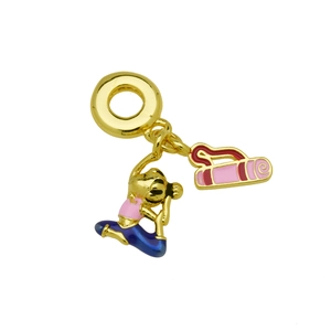Macro shot of gold-plated yoga pendant with a pink yoga mat and figure for bracelets