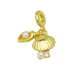 Detail of golden seashell charm with white faux pearl and zircon for DIY jewelry