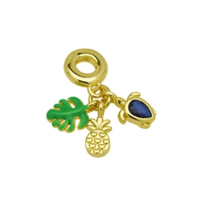 Golden pendant charms set with monstera leaf, pineapple, and sea turtle blue crystal