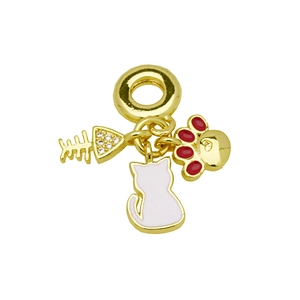 Macro view of gold cat charms with white enamel cat silhouette and fishbone pendant