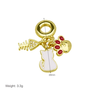 Detail view of 28mm gold cat charms with fish bone, kitty silhouette, and paw pendant