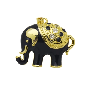 Elegante 18k gouden olifant hanger met zwart email en glinsterende kristallen details