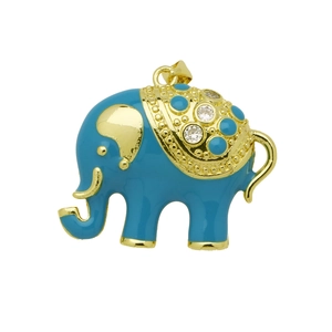 Detail van 18k gouden olifant hanger met blauw emaille en fonkelende zirkonia steentjes