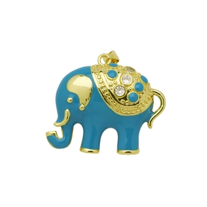 Detailopname van olifant hanger met blauw emaille, goudlaag en zirkonia inleg