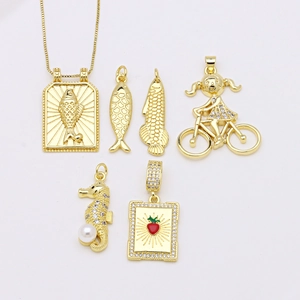 Minimalist 18K Gold Plated Copper Pendant Only Without Chain Rhinestone Enamel Bicycle Girl Seahorse Goldfish Pendant Fashion Jewelry Accessories