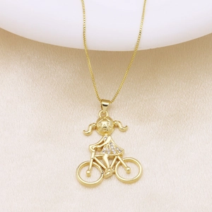 18K gold plated necklace with zircon-studded girl on bicycle pendant and box chain