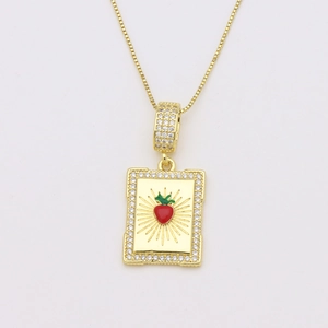 18K gold plated necklace with rectangular pendant featuring red heart and zircon stones