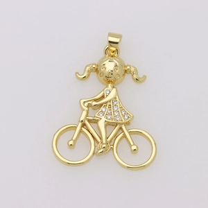 Detail of 18K gold plated bicycle girl pendant with micro-set white cubic zirconia stones