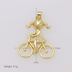 Detail showing 18K gold-plated cycling girl pendant dimensions 37mm height and 27mm width