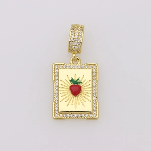 Detailed macro view of 18K gold plated rectangular pendant with red heart and crystals