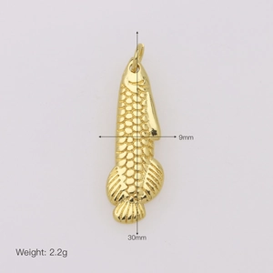 Detailed view of gold fish pendant with engraved scales and 30mm height dimensions