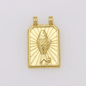 Macro view of 18K gold plated fish relief pendant with intricate scale details and beads