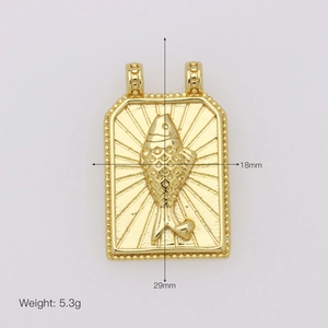 Detail of 18K gold plated rectangular pendant with fish relief and 18mm by 29mm dimensions