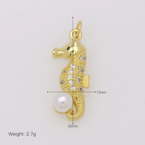 Detailed view of 18K gold seahorse pendant with pearls, crystals and size dimensions