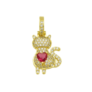 Luxuriöser 18K Gold-Katzenanhänger mit rotem Herz-Edelstein und weißen Zirkonia-Kristallen