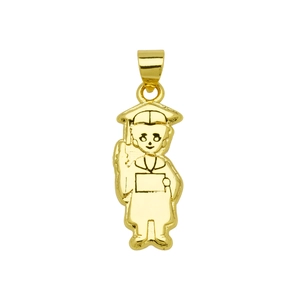 Detailaufnahme eines goldenen Absolventen-Anhängers mit Doktorhut und Diplom