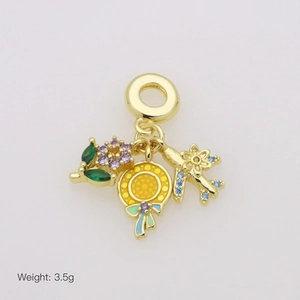 Detail of beach charms with purple zircon flower, yellow straw hat, and blue plane