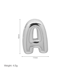 Polished silver balloon style letter A charm showing 16mm height and 4.5g weight details