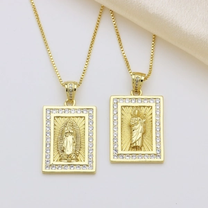 18K gold-plated square cross necklaces with Virgin Mary and zirconia accents