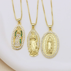 Elegant gold-plated virgin mary cross necklaces set with green and white zircon stones