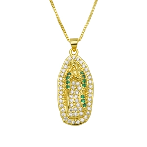 Gold Virgin Mary oval pendant necklace with green gems and white zircons on box chain