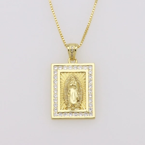 Detailed close-up of gold Virgin Mary pendant with cubic zirconia and box chain