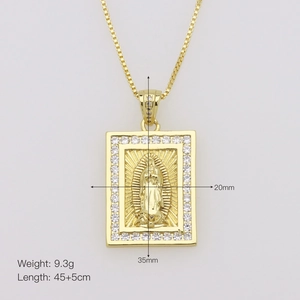 Detail view of gold rectangle Virgin Mary pendant with cubic zirconia and size dimensions