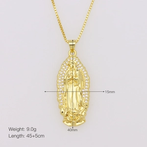 Detailed view of Virgin Mary gold pendant with pave-set zircons and chain dimensions