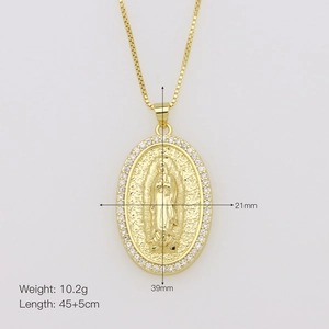 Detailed view of Virgin Mary oval pendant with zircon borders and exact size dimensions