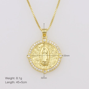 Detail showing Virgin Mary pendant with cubic zirconia inlay and exact product measurements