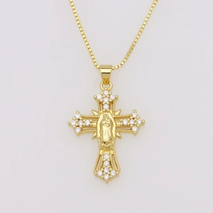 Detail of gold cross pendant with Mother Mary relief and pavé zircon stones on box chain