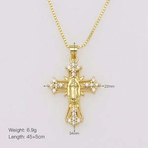 Detail of gold cross pendant with Virgin Mary relief and zircon stones including dimensions