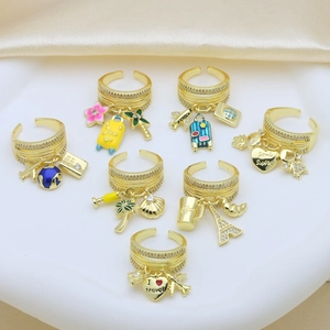 Fashion Design Koper Vergulde Open Ring Reisthema Vliegtuig Koffer Globe Hart Hanger Strass Verstelbare Ring Voor Vrouwen Mannen Sieraden Cadeau