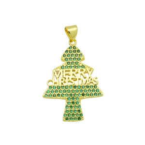 Dettaglio del ciondolo albero di Natale con zirconi verdi e incisione Merry Christmas