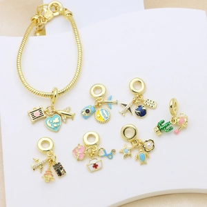 Gold Plated Brass Travel Theme Bracelet Charms Enamel Medical Airplane Camera Pendant Only (Without Chain) For DIY Jewelry Women