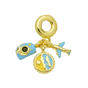 Golden travel charm pendant with camera and airplane motifs for charm bracelets