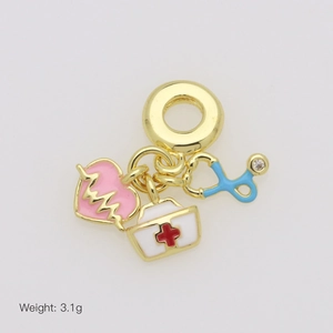 Detail of medical charms featuring pink heart, nurse hat, and stethoscope with weight 3.1g