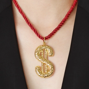 Fashion gold dollar sign pendant with heart texture on thick red twisted rope necklace