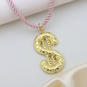 Fashionable 18K gold plated dollar sign pendant with heart patterns on pink silk cord