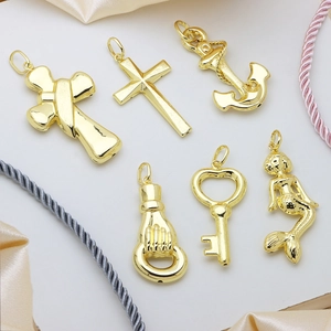 Gold Plated Copper Pendant Only Without Chain Personalized Cross Mermaid Anchor Heart Key Cornicello Horn Fist DIY Necklace Making Charms