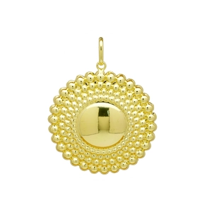 Detail showing the 18K gold plated sunburst pendant with textured beaded layers