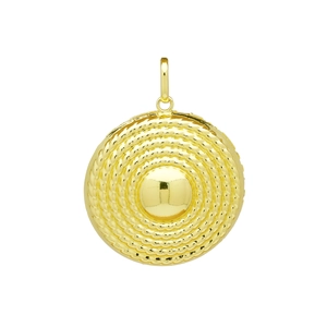 Detail view of 18K gold plated circular pendant with concentric spiral rope texture