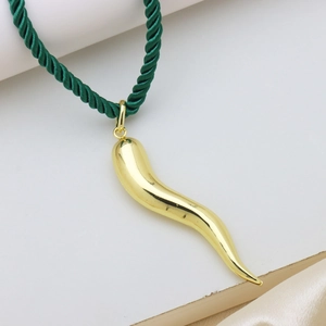 Exaggerated golden chili pendant necklace with a premium green woven rope chain