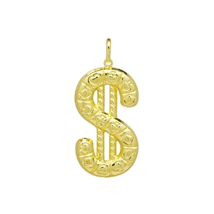 Detail of 18K gold plated dollar sign pendant with embossed heart and geometric textures