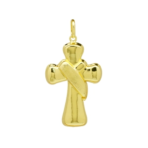 Golden cross pendant with draped ribbon design and polished finish on white background
