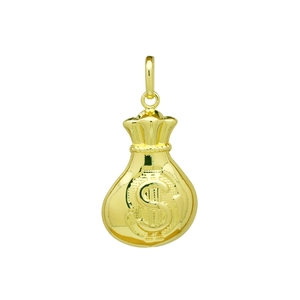 Gold dollar sign money bag pendant made of copper plated 18K gold on white background